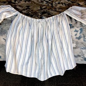 Off the shoulder, blue and white striped blouse
